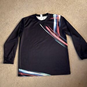 Men’s long sleeve T with multi-color laser pattern.
